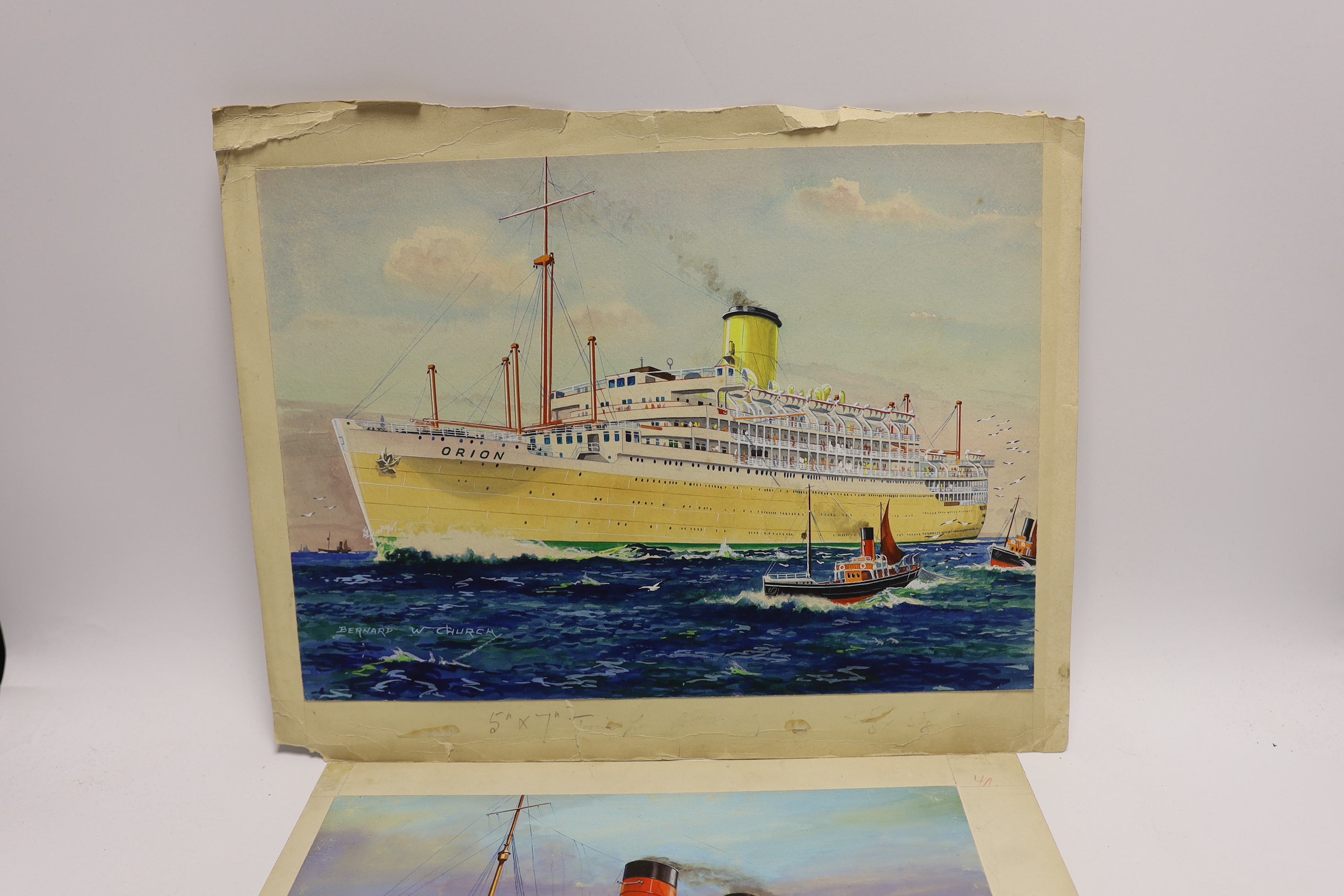 Bernard William Church, two watercolours of 1930s ocean liners, RMS Mauretania, Cunard White Star Line, 19 x 29cm and RMS Orion, Orient Line, 25.5 x 35.5cm, both signed